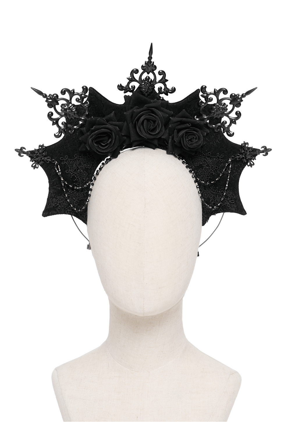 Black Gothic Rose Crown Headpiece With Lace Wings displayed on a mannequin, featuring intricate lace details and black roses.