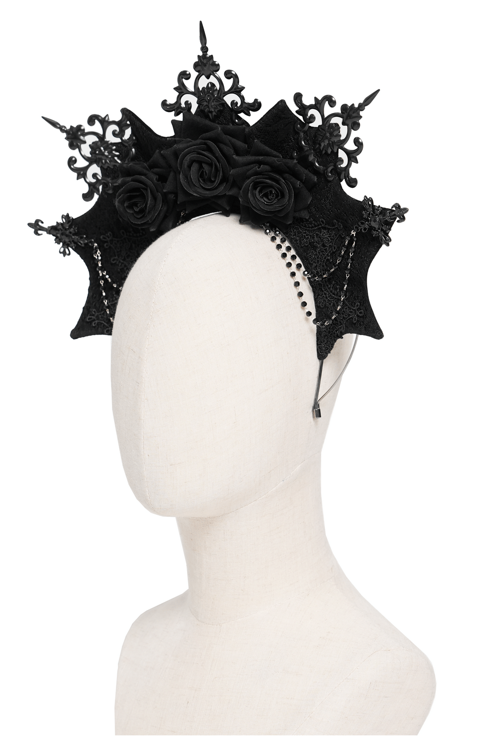 Black Gothic Rose Crown Headpiece With Lace Wings on a mannequin, featuring dark roses and ornate lace accents.