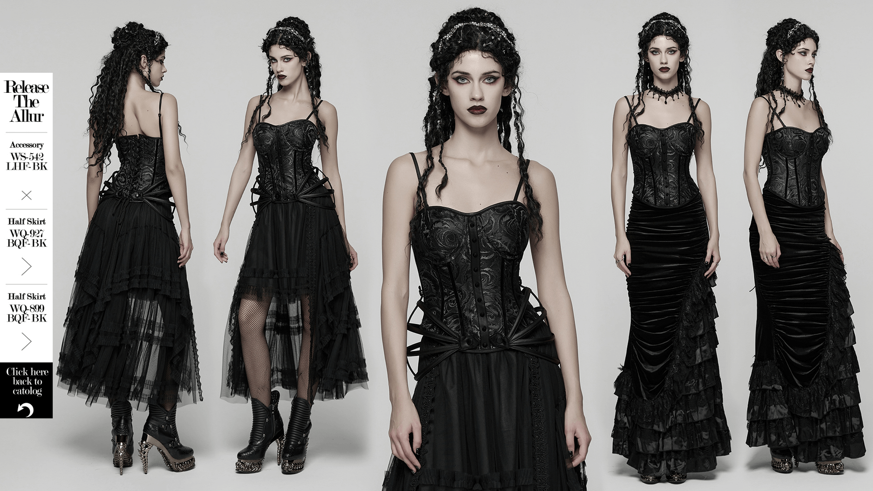 Black Gothic Rose Jacquard Corset with Lace-Up Back worn by model in striking gothic fashion.