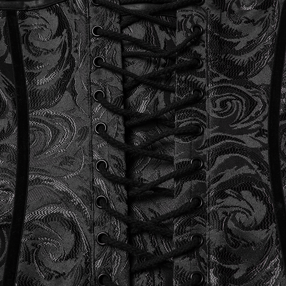 Black Gothic Rose Jacquard Corset with Lace-Up Back detailed view of lace-up front design and textured fabric.