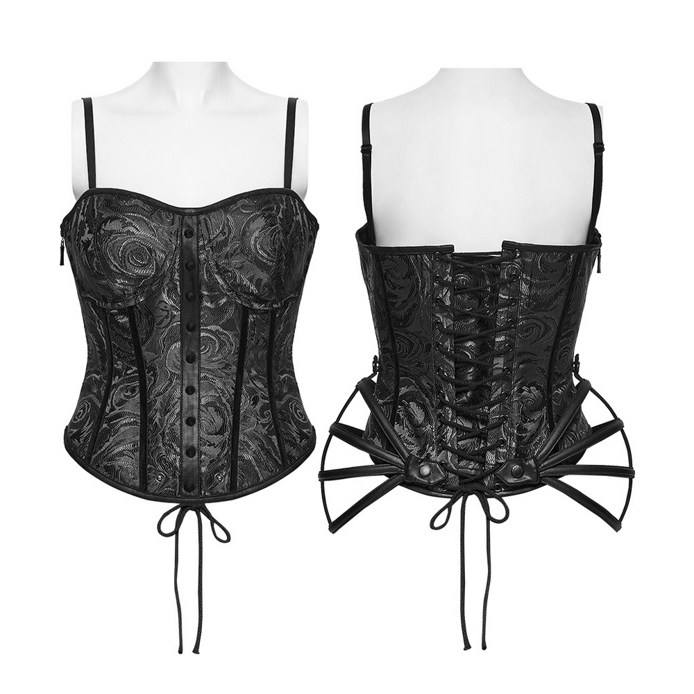 Black Gothic Rose Jacquard Corset with Lace-Up Back showcasing intricate design and structure.