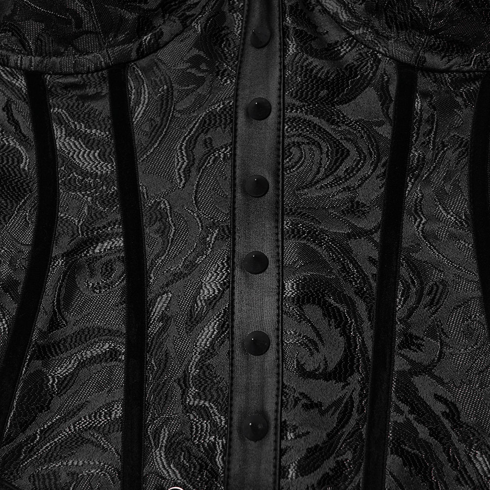Black Gothic Rose Jacquard Corset with Lace-Up Back featuring intricate jacquard design and elegant button details.