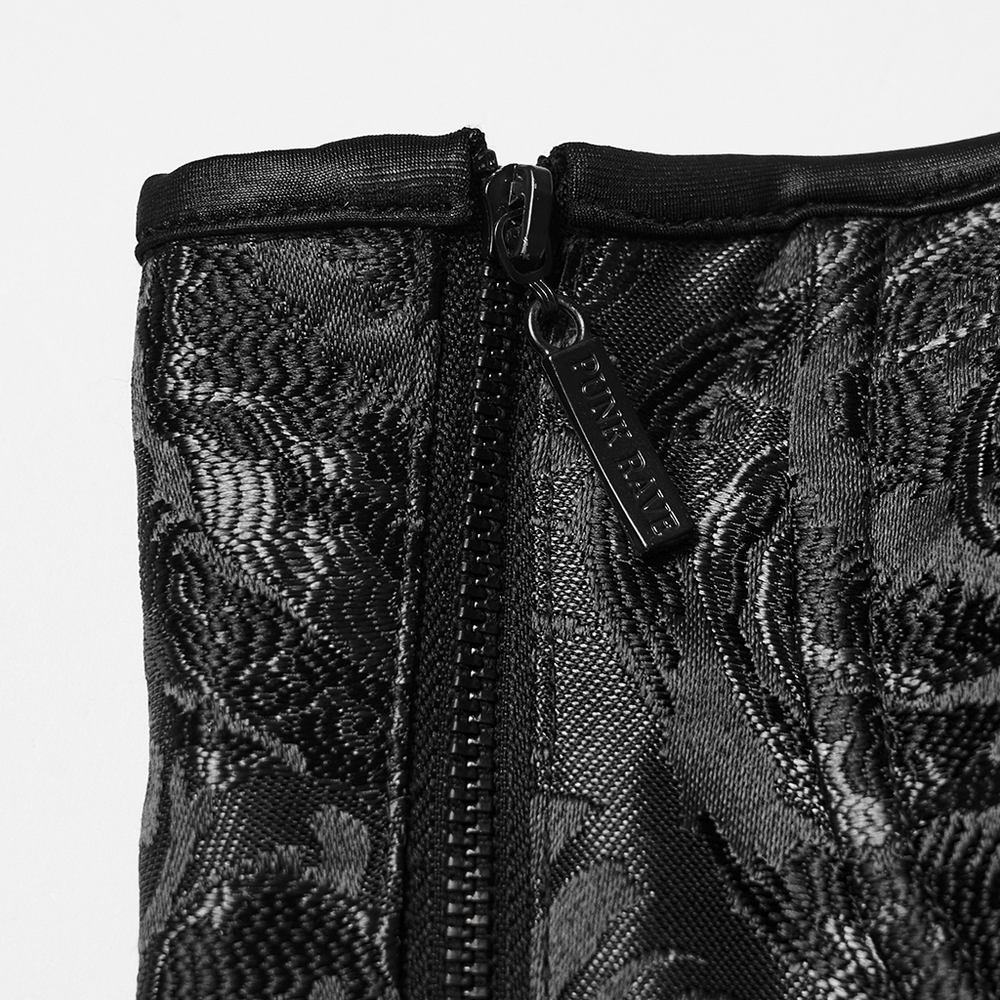 Black Gothic Rose Jacquard Corset with Lace-Up Back zipper detail showcasing floral jacquard design and quality craftsmanship.