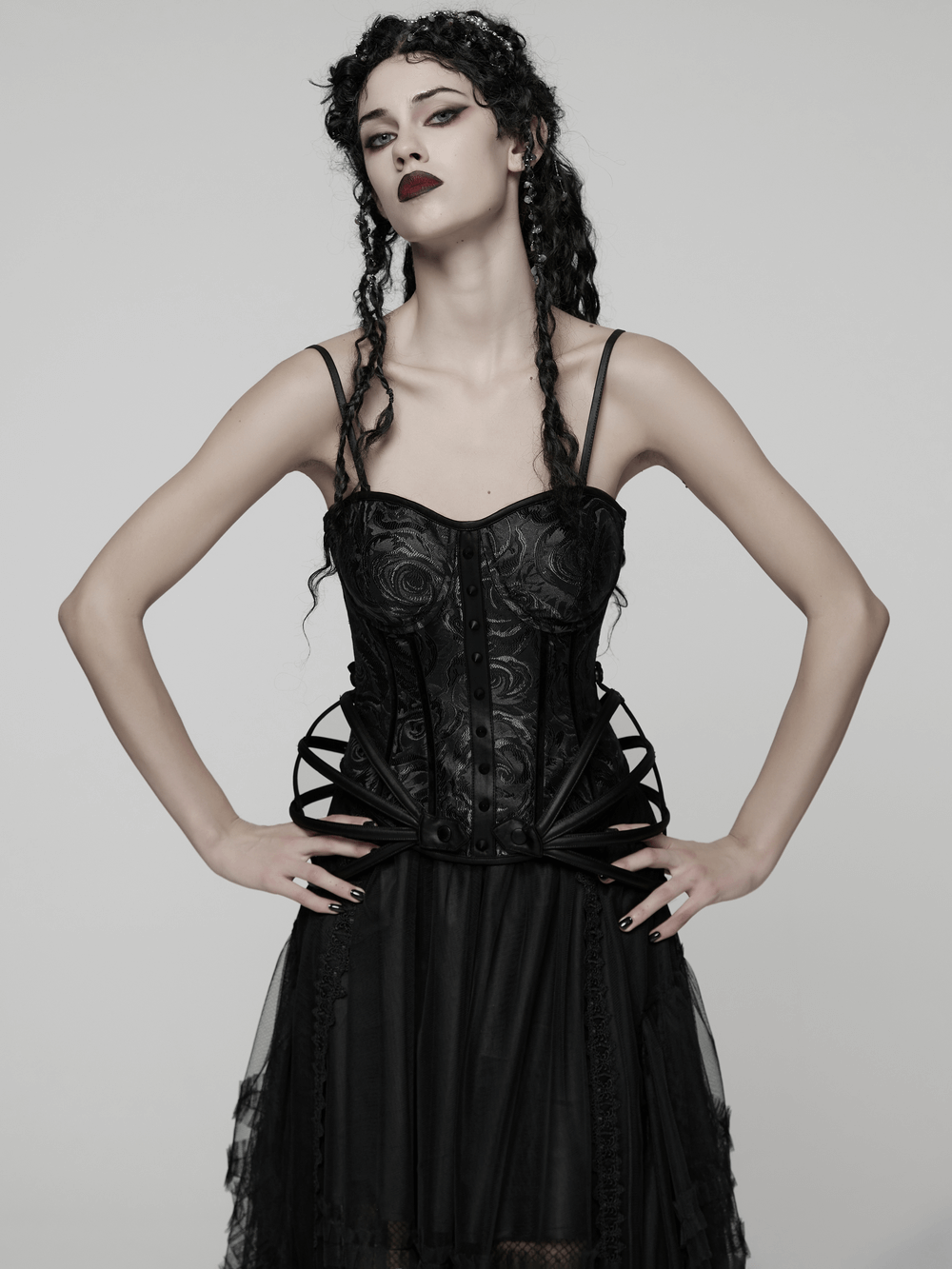 Black Gothic Rose Jacquard Corset with Lace-Up Back model showcasing gothic fashion and elegant design.