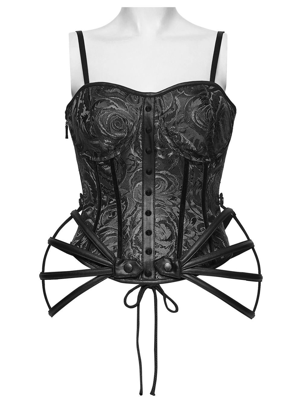 Black Gothic Rose Jacquard Corset with Lace-Up Back, featuring steel boning and a dramatic waist design.