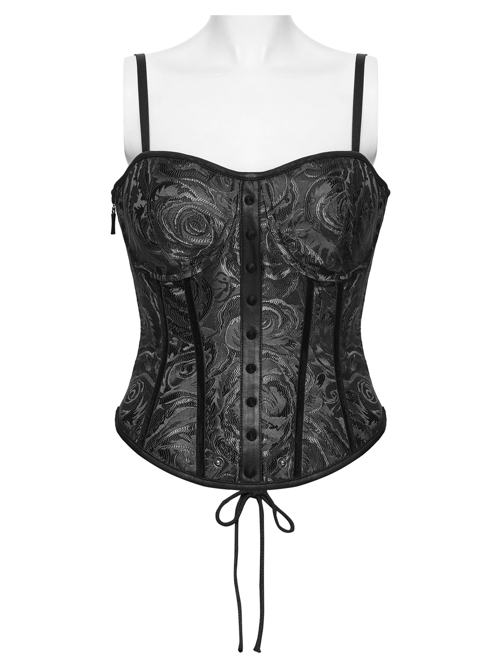 Black Gothic Rose Jacquard Corset with Lace-Up Back showcasing elegant lace detailing and structured design.