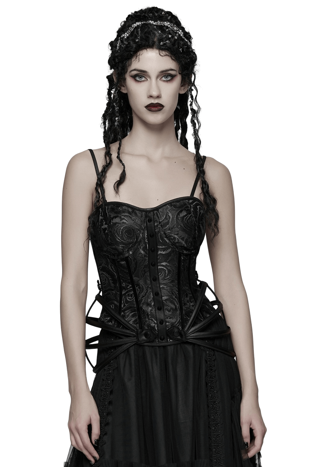 Black Gothic Rose Jacquard Corset with Lace-Up Back worn by model showcasing gothic style.