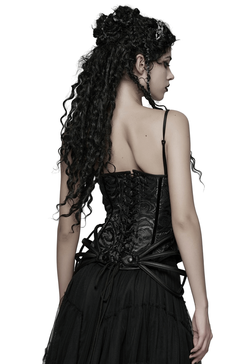 Black Gothic Rose Jacquard Corset with Lace-Up Back showcasing the intricate lace-up design and elegant silhouette.