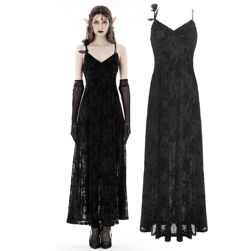 Black gothic lace maxi dress featuring sheer sleeves and floral print, perfect for dark elegance.
