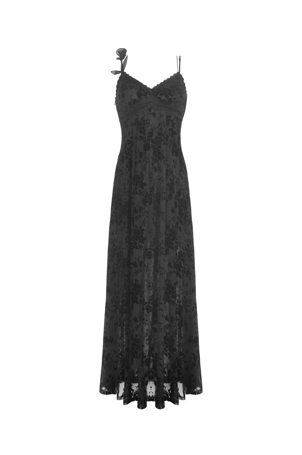 Black Gothic Rose Lace Maxi Dress showcasing exquisite velveteen fabric with delicate floral patterns and sheer lace sleeves.