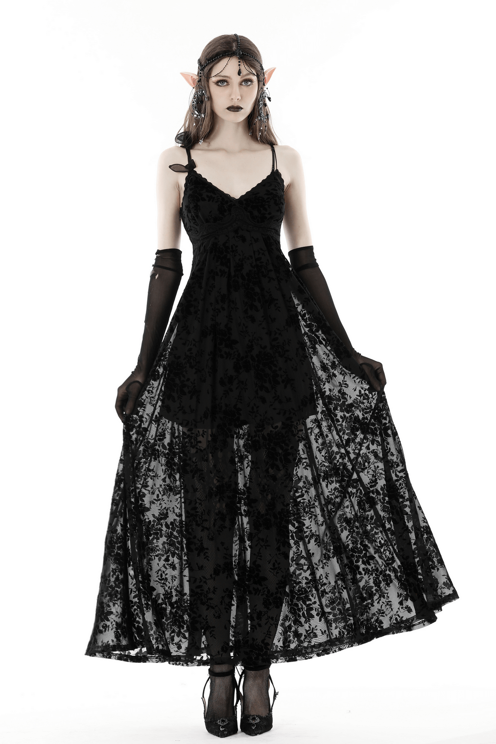 Black Gothic Rose Lace Maxi Dress - Dark Elegance