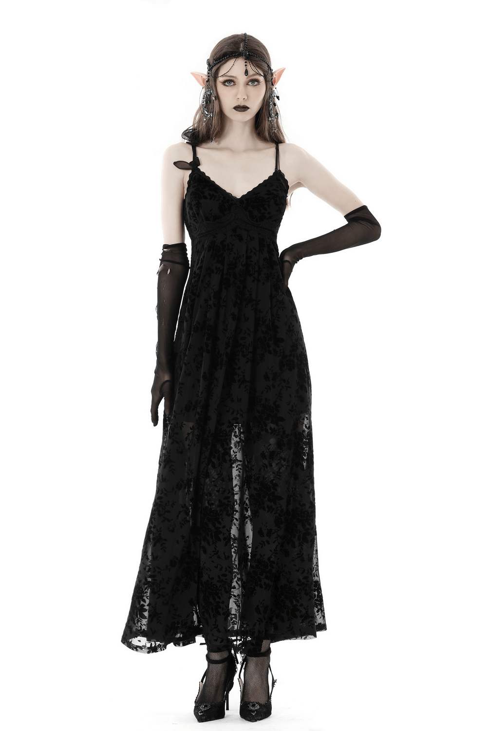 Black Gothic rose lace maxi dress with sheer sleeves and elegant gloves for dark elegance.