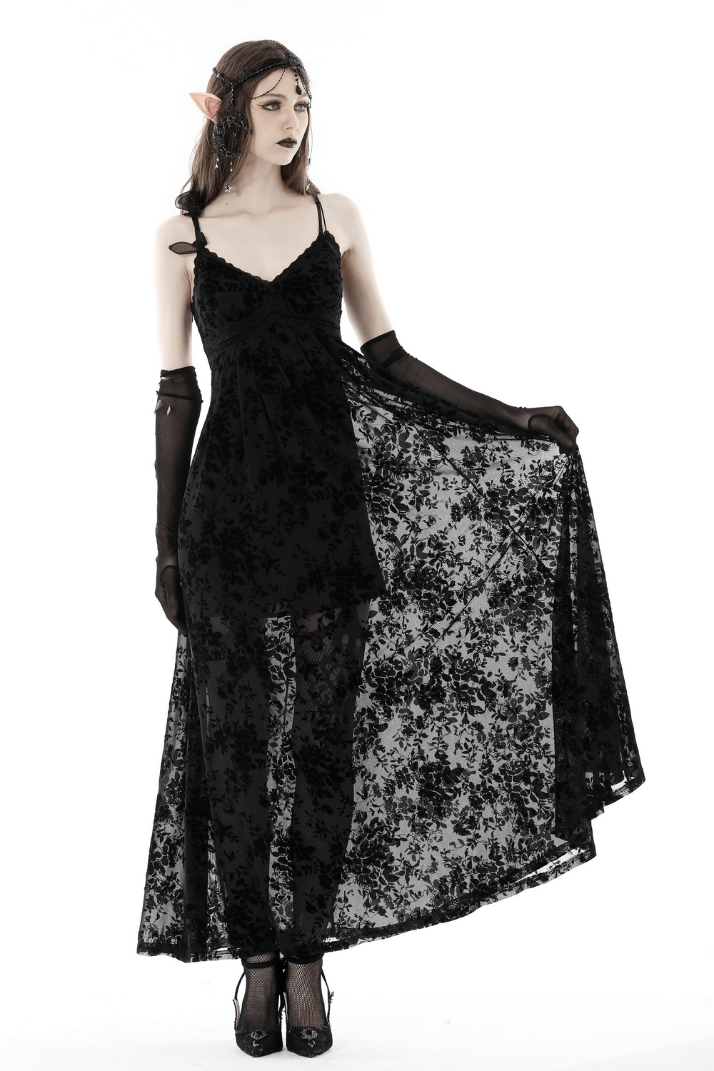 Black Gothic Rose Lace Maxi Dress on model, showcasing ethereal elegance and dark romance.