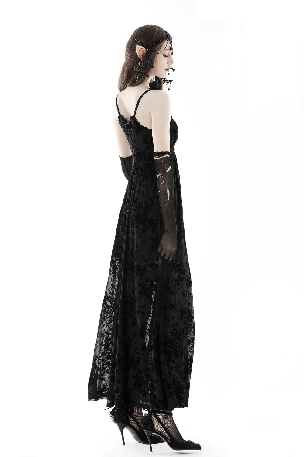 Elegant black gothic lace maxi dress with sheer sleeves, showcasing a dramatic silhouette and Victorian luxury.