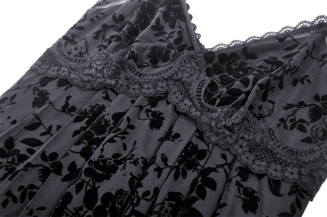 Black lace maxi dress featuring rich velveteen fabric and delicate flocked roses for gothic elegance.