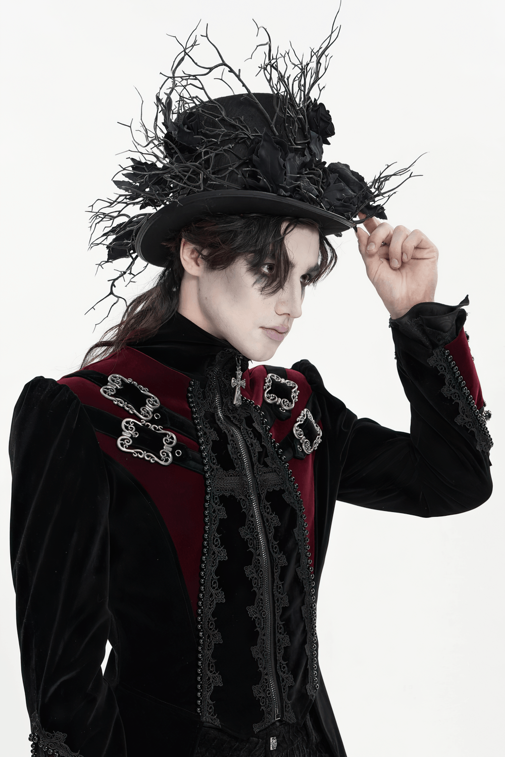 Black Gothic Rose Top Hat with Branch Crown Trim worn by a model in dark Victorian attire.