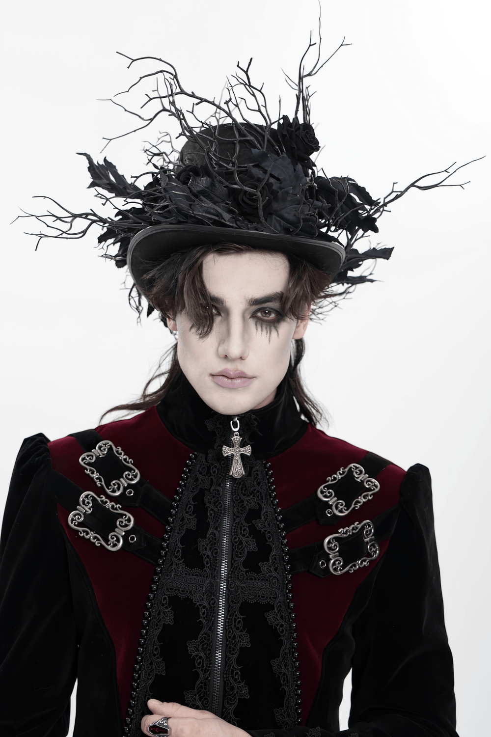 Black Gothic Rose Top Hat with Branch Crown Trim worn in a dramatic gothic outfit with dark makeup.