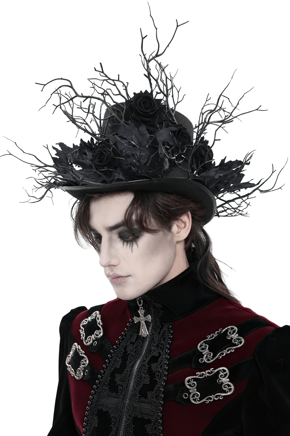 Black Gothic Rose Top Hat with Branch Crown Trim worn by a model with dark attire and makeup.
