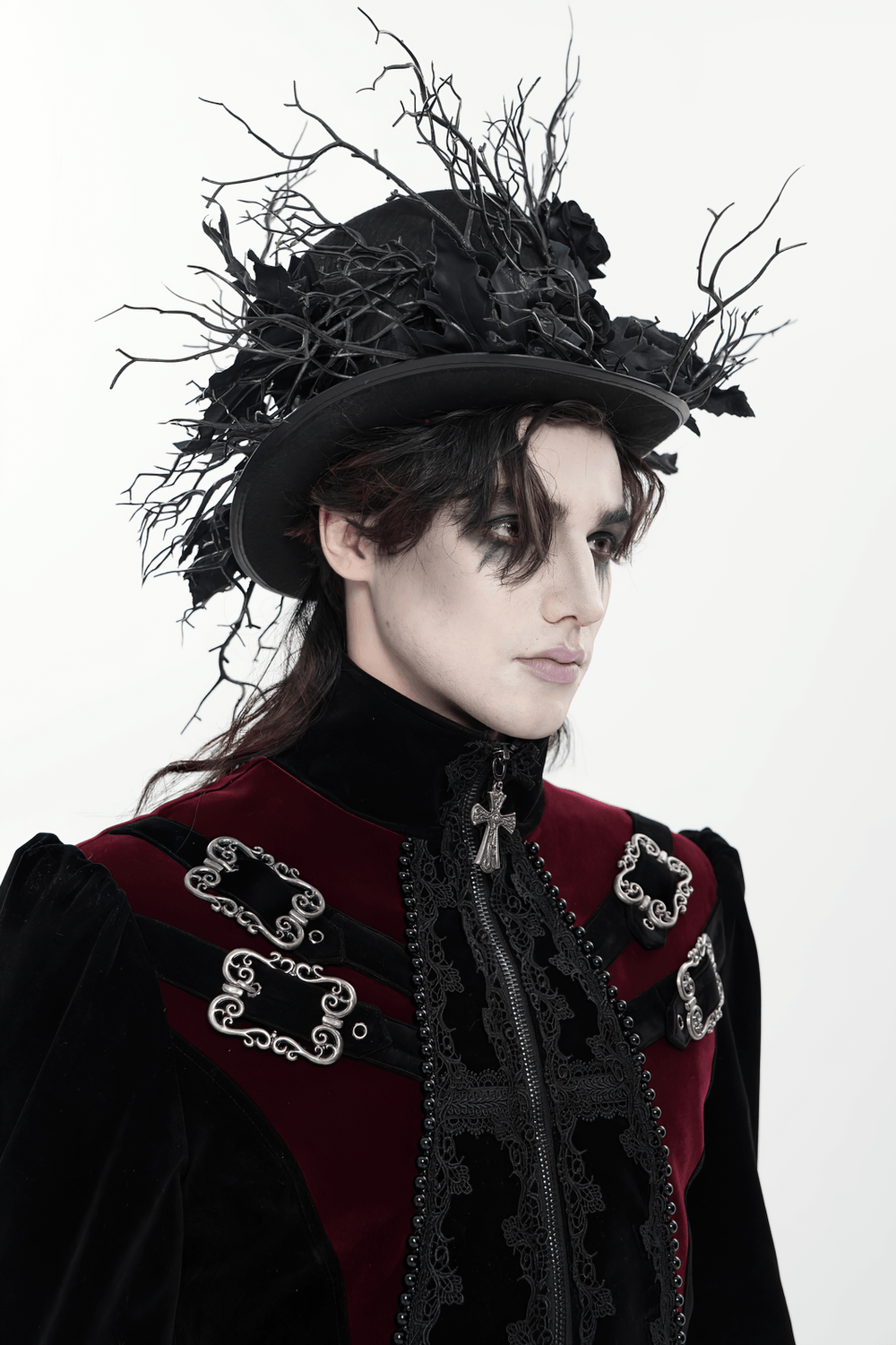 Black Gothic Rose Top Hat with Branch Crown Trim worn by model featuring dark Victorian attire.