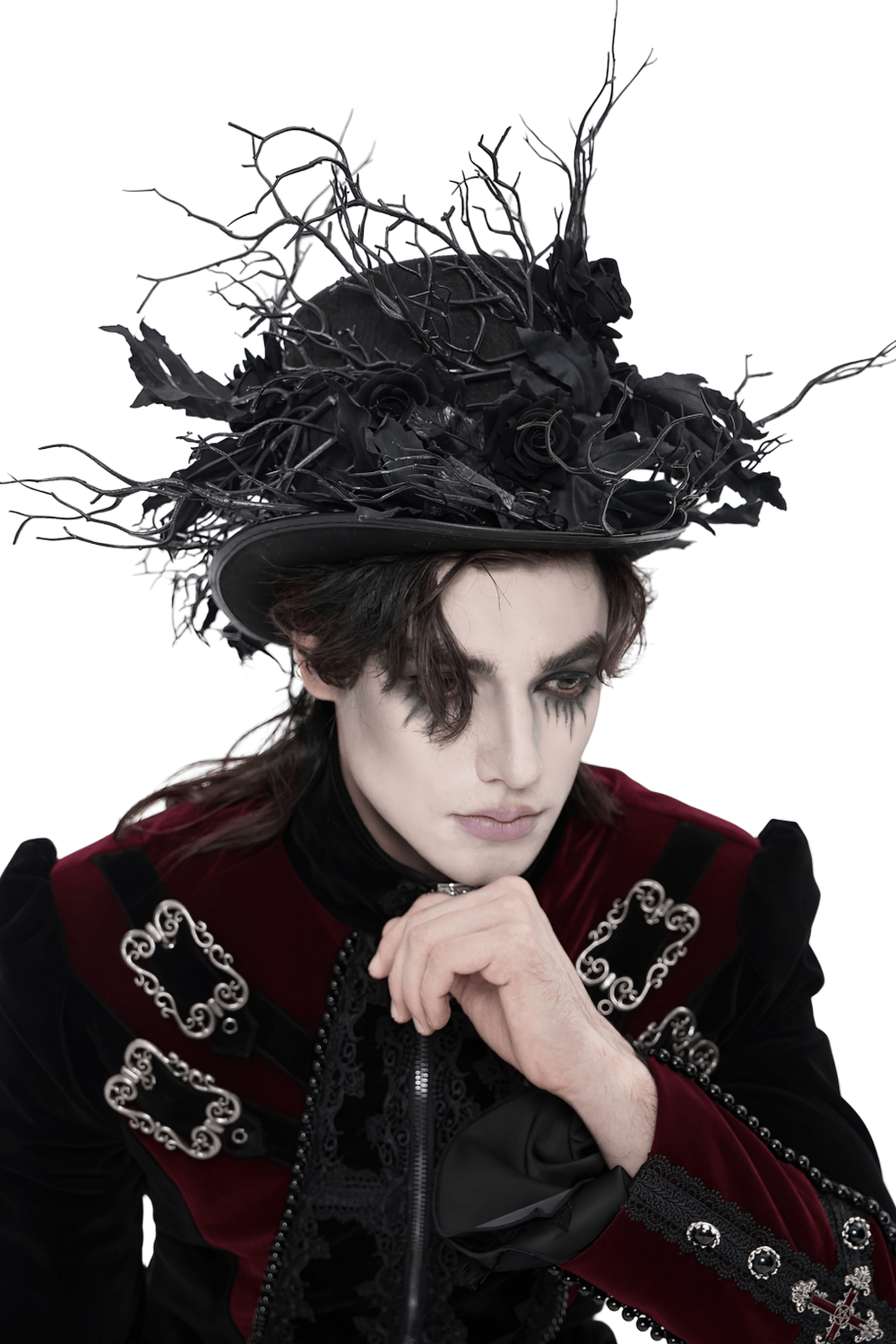 Black Gothic Rose Top Hat with Branch Crown Trim worn by a model in dark Victorian attire.