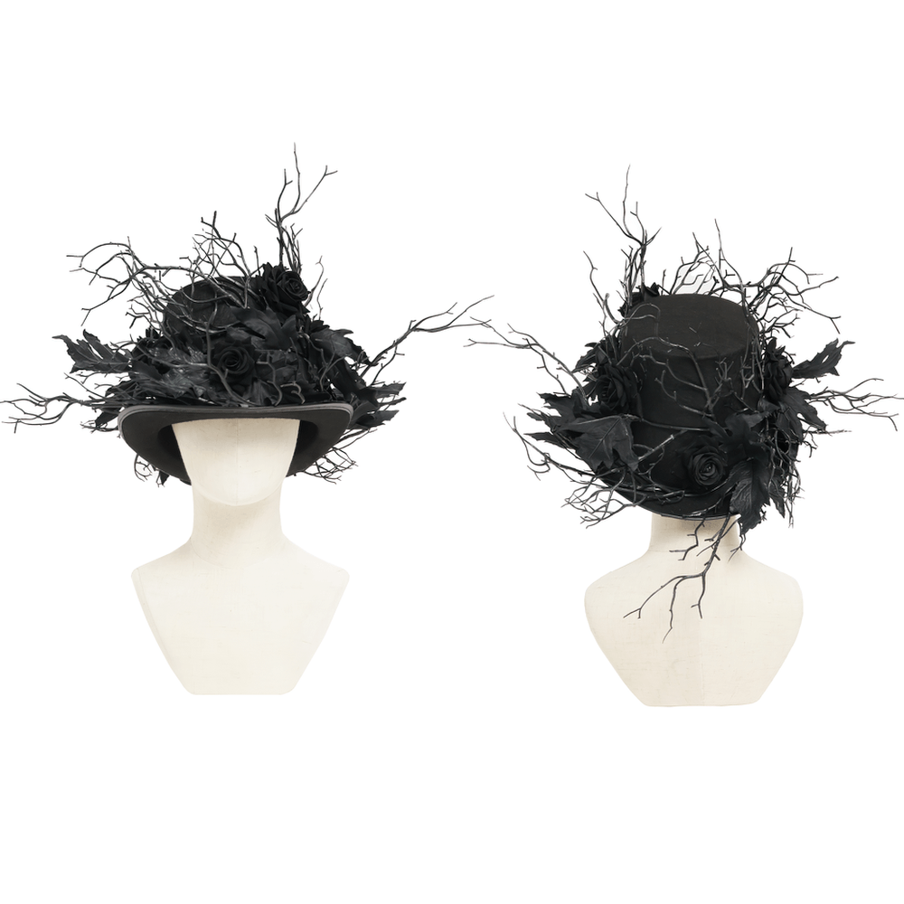 Black Gothic Rose Top Hat with Branch Crown Trim featuring dark roses and twig accents.