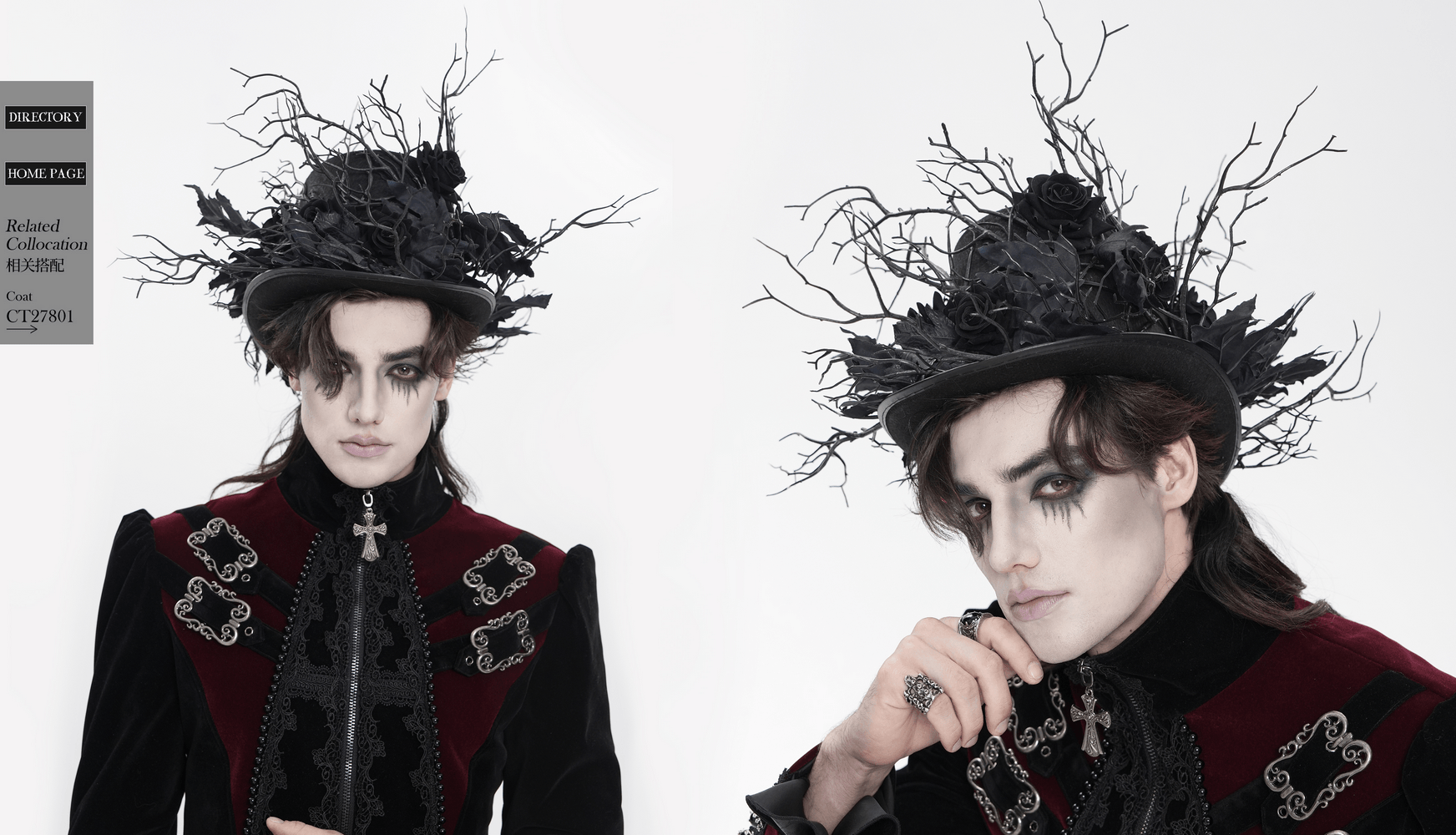 Black Gothic Rose Top Hat with Branch Crown Trim worn by model in dark Victorian outfit with thorny accents.