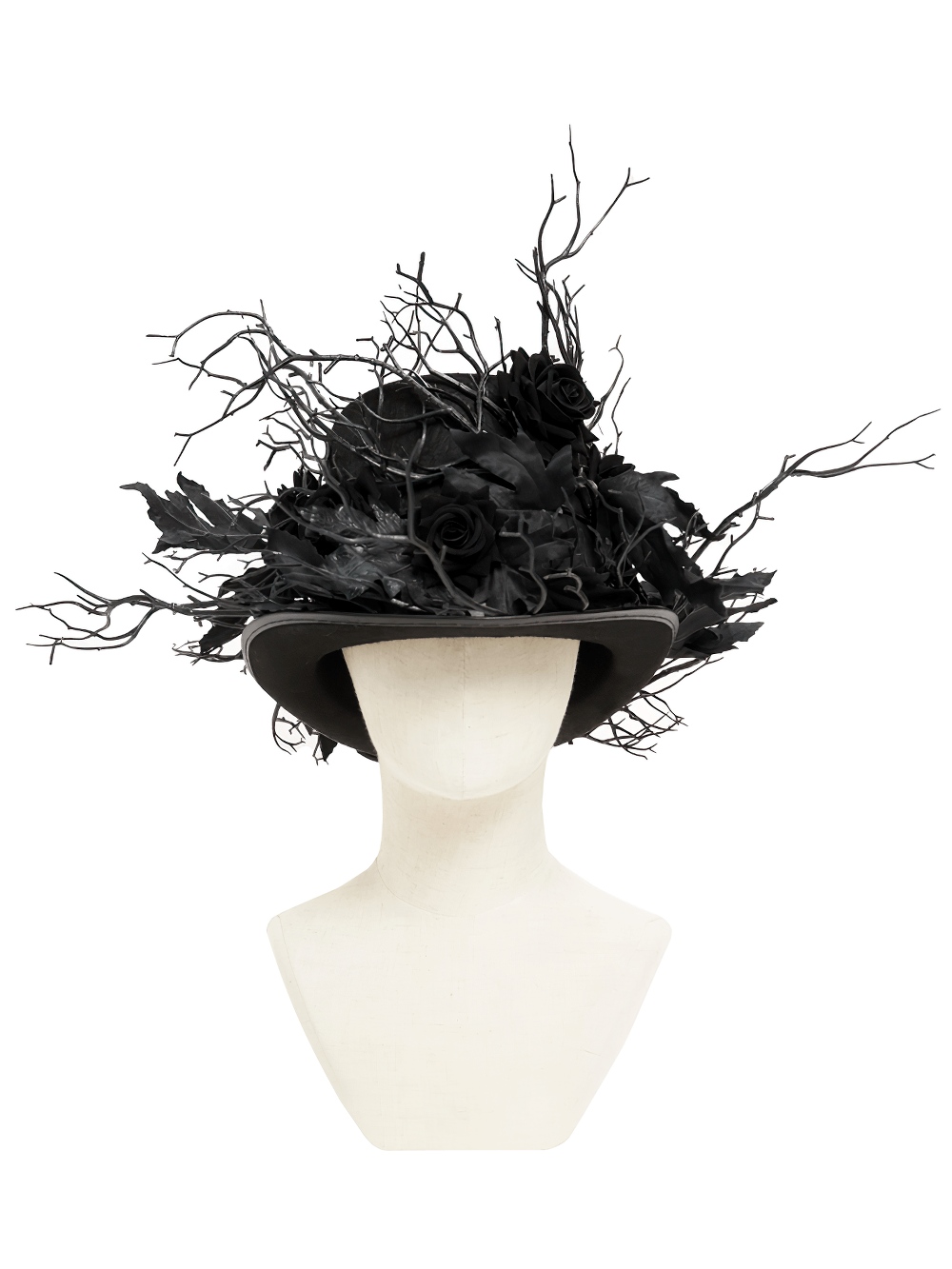 Black Gothic Rose Top Hat with Branch Crown Trim adorned with dark roses and thorny twigs.