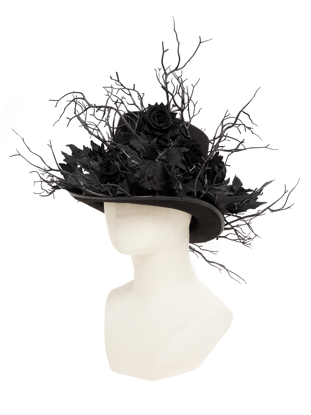 Black Gothic Rose Top Hat with Branch Crown Trim showcasing dark roses and thorny twig accents.