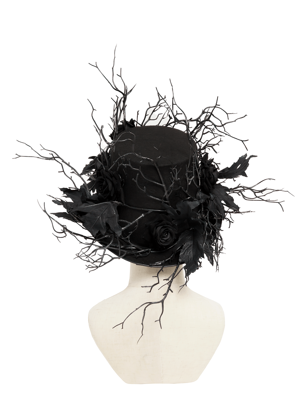 Black Gothic Rose Top Hat with Branch Crown Trim adorned with dark roses and thorny twig accents.