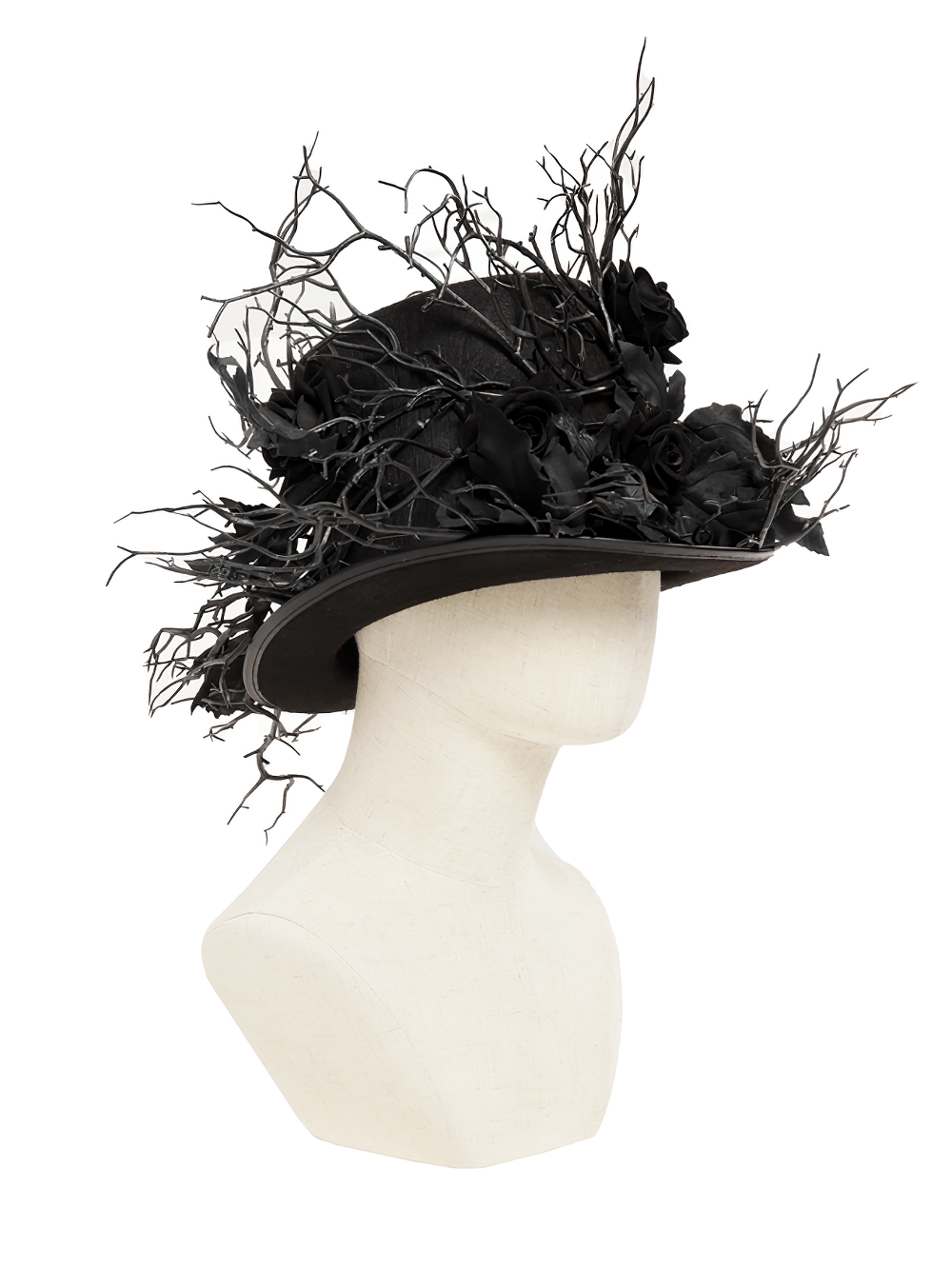Black Gothic Rose Top Hat with Branch Crown Trim featuring dark roses and twig accents.