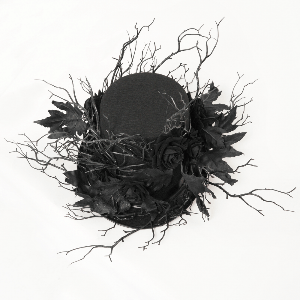 Black Gothic Rose Top Hat with Branch Crown Trim featuring thorny twig accents and dark floral details.