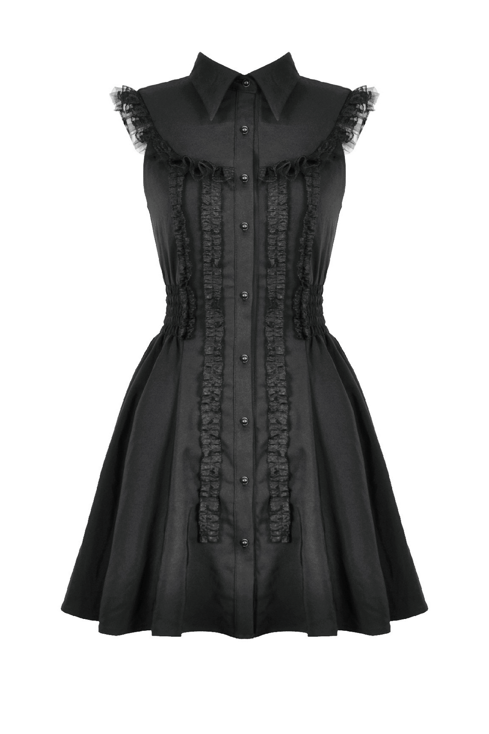 Black Gothic Ruffle Front Dress with Buttoned Detailing featuring ruffle and button design in classic black.