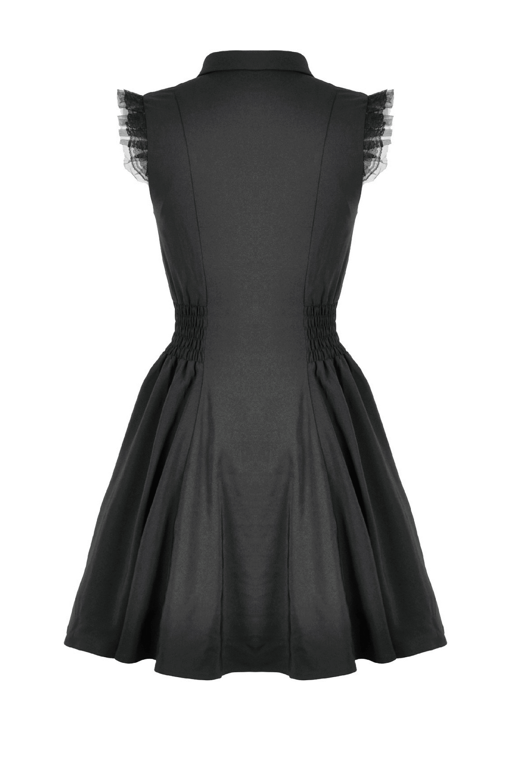 Black Gothic Ruffle Front Dress with Buttoned Detailing showcasing the back view and ruffle sleeve details.