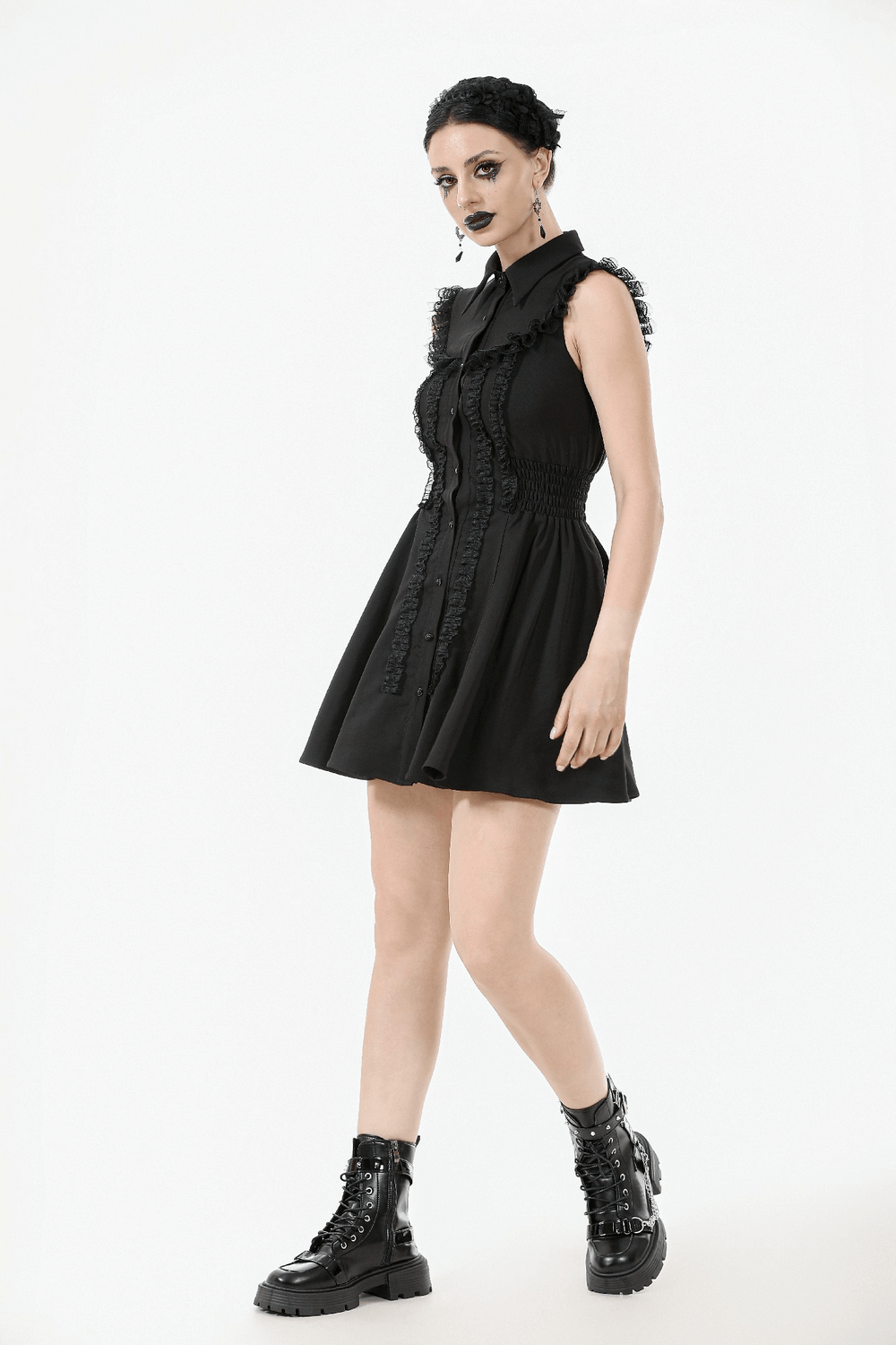 Black Gothic Ruffle Front Dress with Buttoned Detailing worn by model, showcasing edgy style and lace design.