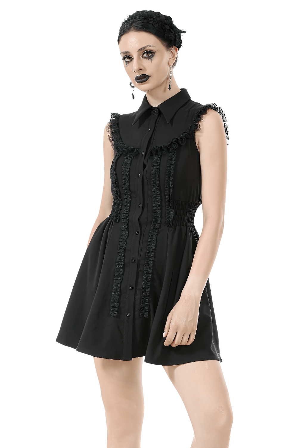 Black Gothic Ruffle Front Dress with Buttoned Detailing worn by model with dark makeup and styled hair.