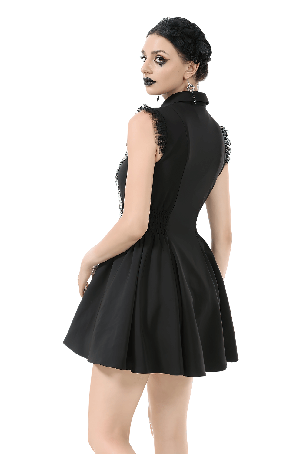 Black Gothic Ruffle Front Dress with Buttoned Detailing showcased from the back, featuring a flowing skirt and lace accents.