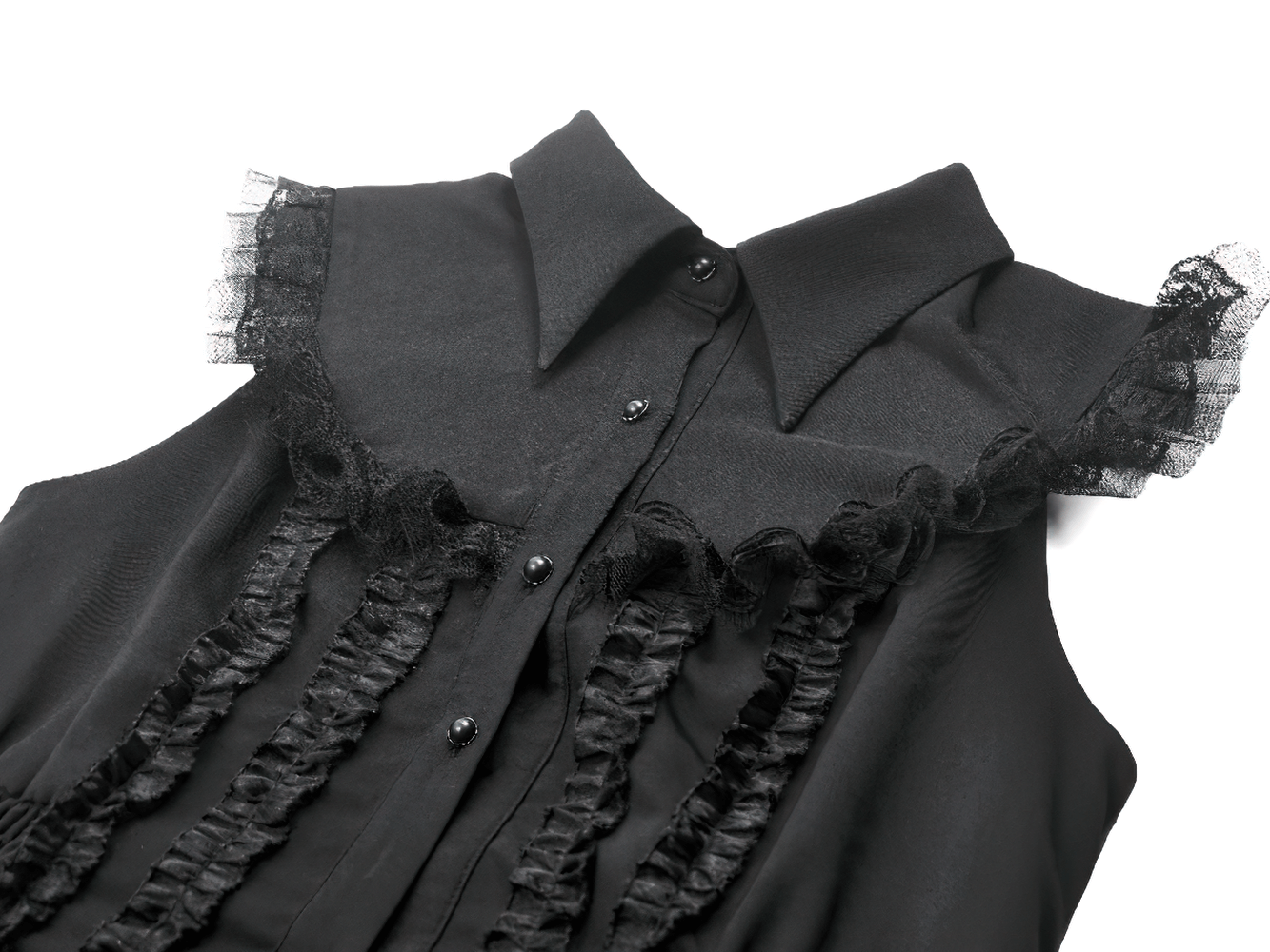 Black Gothic Ruffle Front Dress with Buttoned Detailing showcasing lace and ruffle design details.
