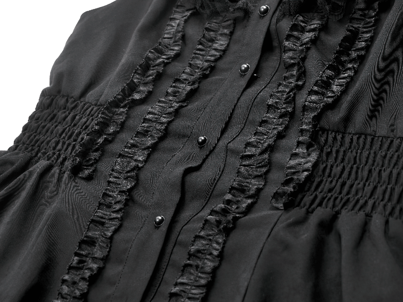Black Gothic Ruffle Front Dress with Buttoned Detailing close-up of ruffle and button details