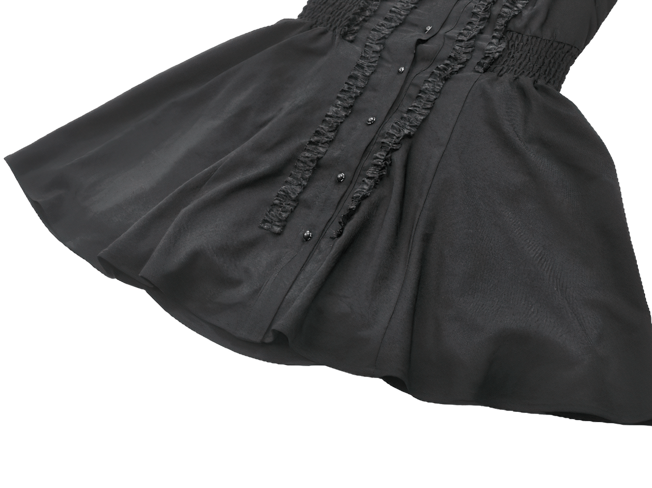 Black Gothic Ruffle Front Dress with Buttoned Detailing showcasing ruffle and button accents.