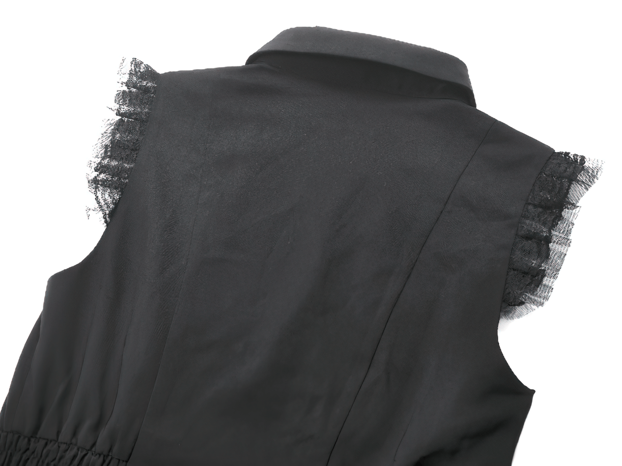 Back view of Black Gothic Ruffle Front Dress with Buttoned Detailing showcasing lace ruffle sleeves.