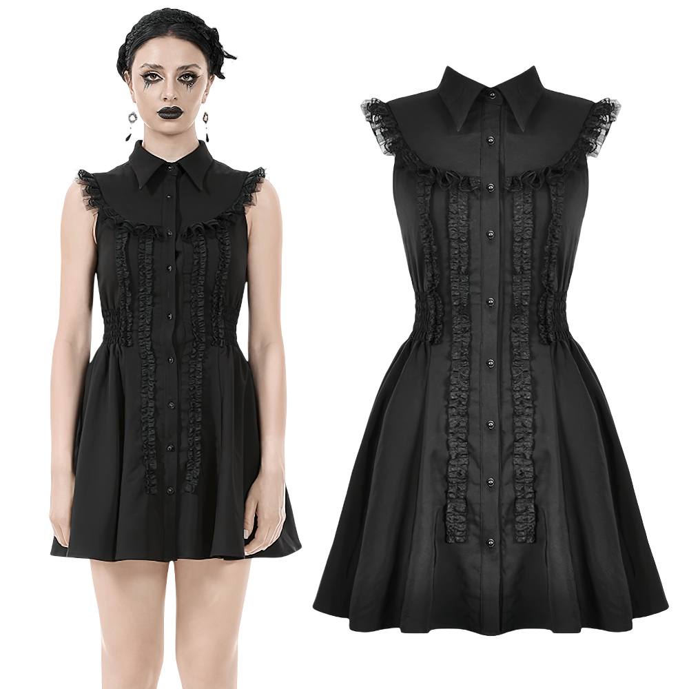 Black Gothic Ruffle Front Dress with Buttoned Detailing featuring ruffle accents and a classic collar.
