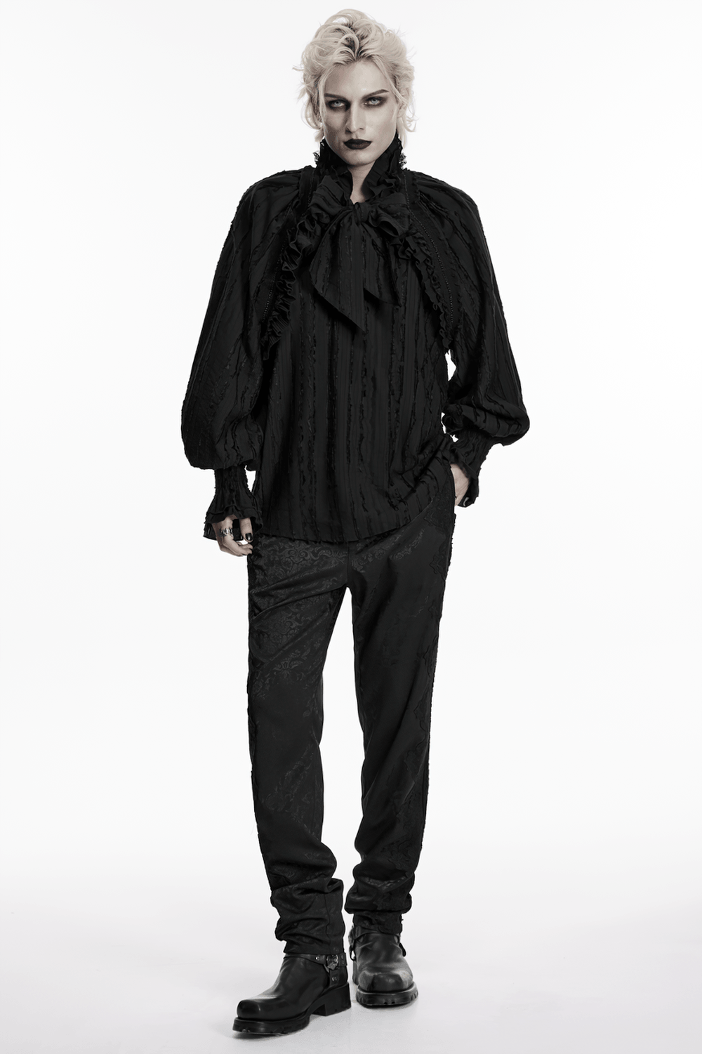 Black Gothic Ruffle Neck Textured Blouse Shirt