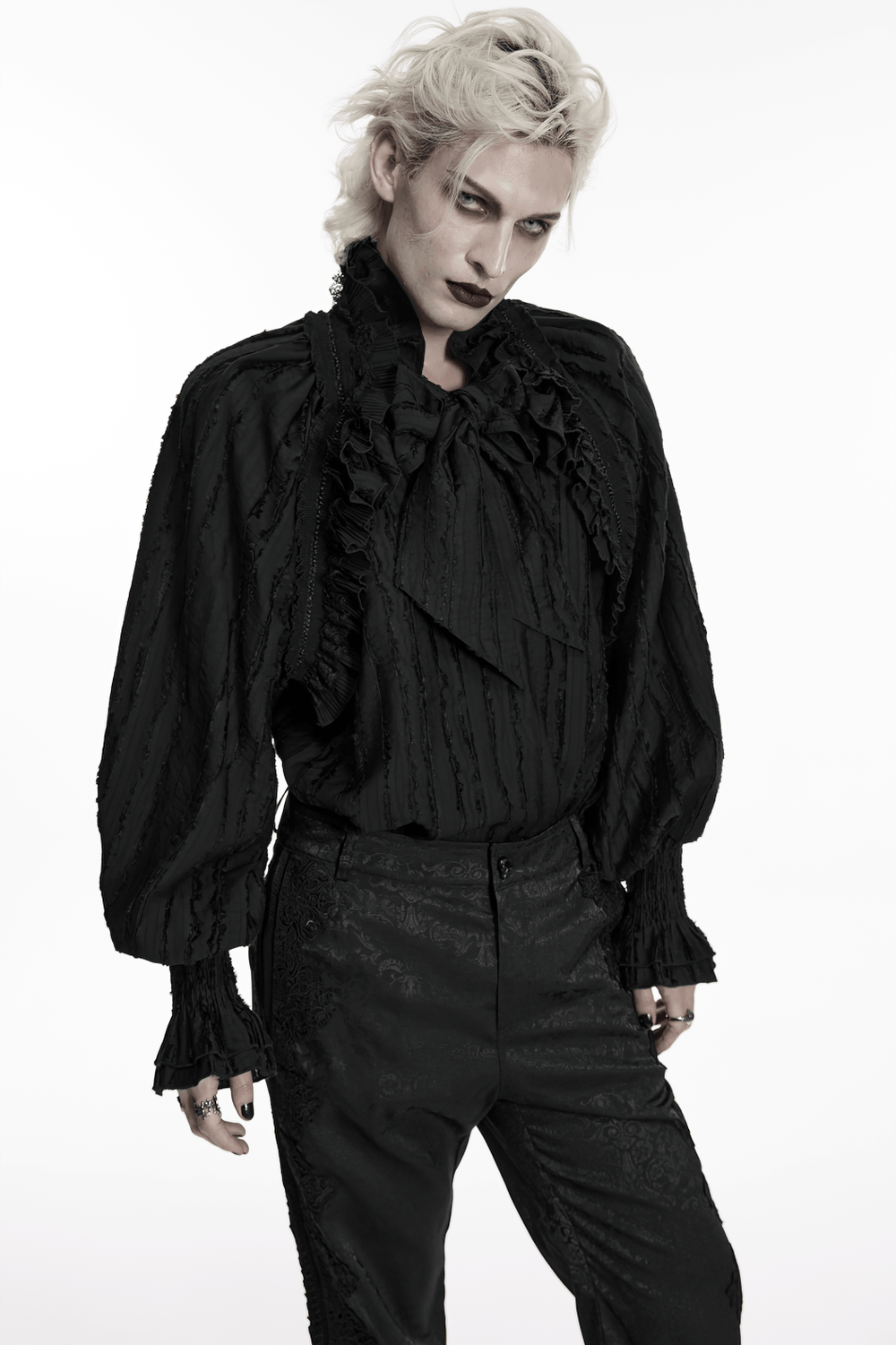 Black Gothic Ruffle Neck Textured Blouse Shirt