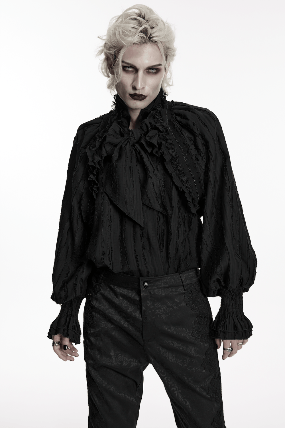 Black Gothic Ruffle Neck Textured Blouse Shirt