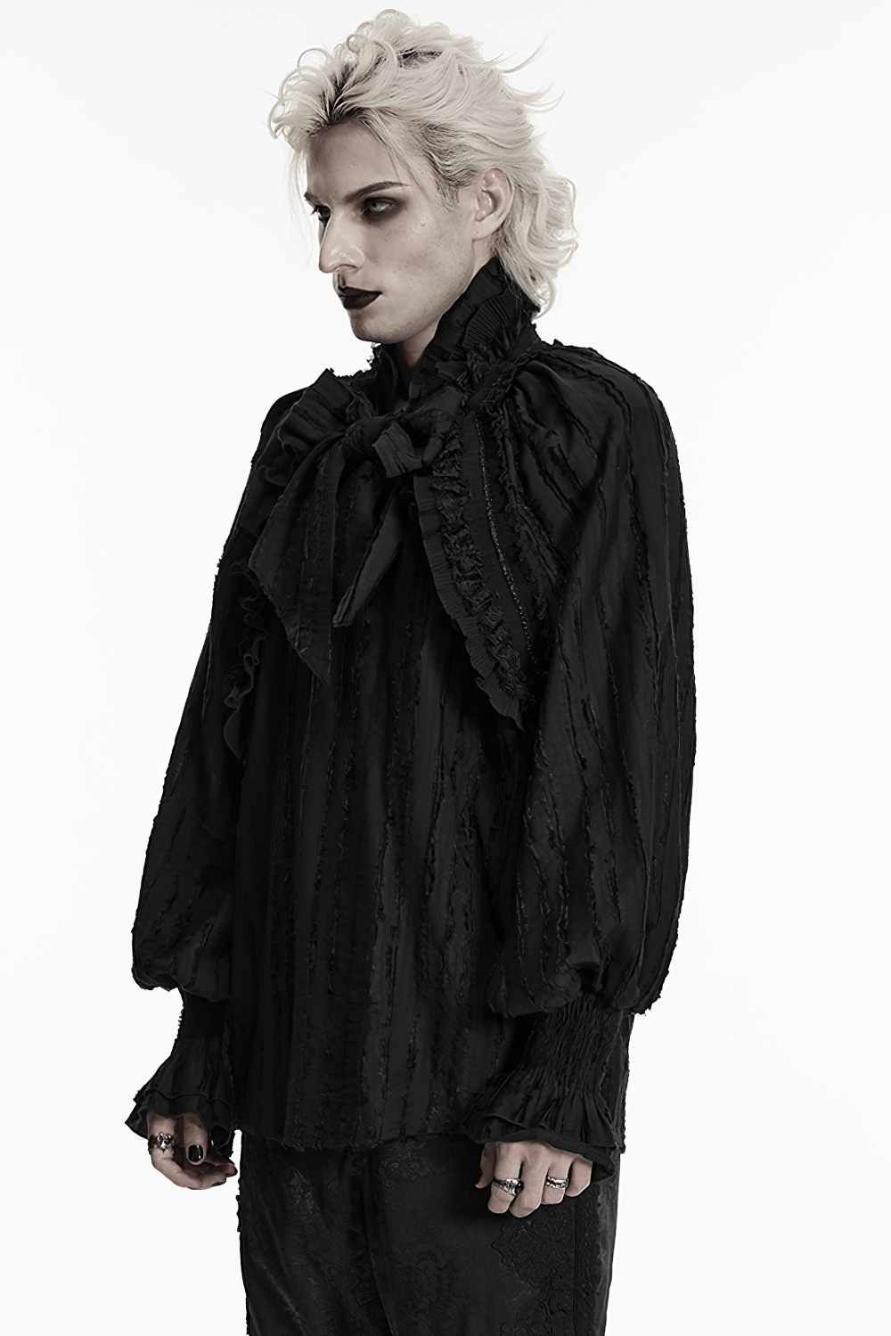 Black Gothic Ruffle Neck Textured Blouse Shirt
