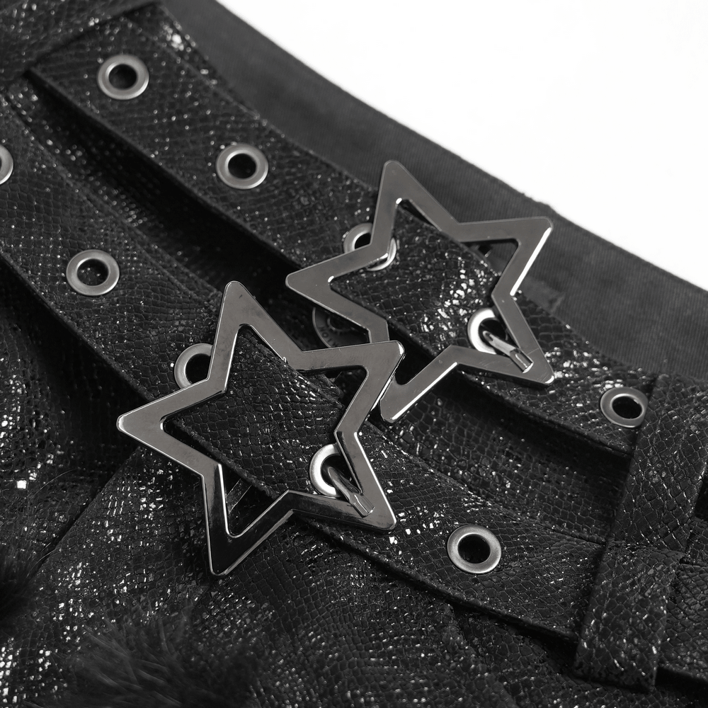 Black Gothic Ruffle Skort with Star Belt Detail showcasing bold star buckles and textured fabric.