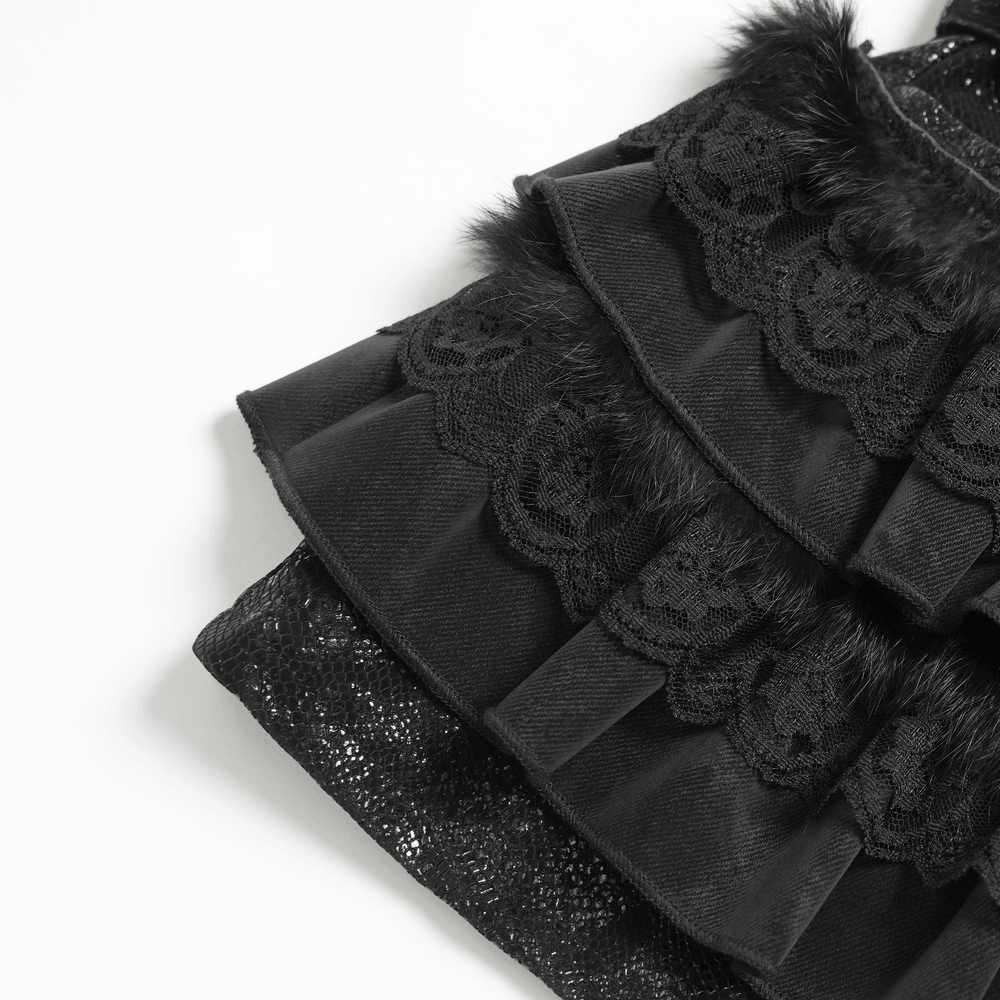 Black Gothic Ruffle Skort with Star Belt Detail featuring layered ruffles and faux fur accents.