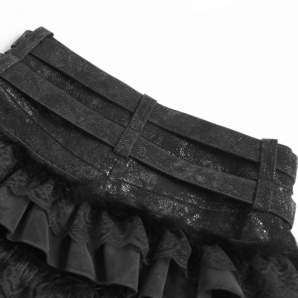 Black Gothic Ruffle Skort with Star Belt Detail showcasing double-buckle waistband and tiered ruffles.
