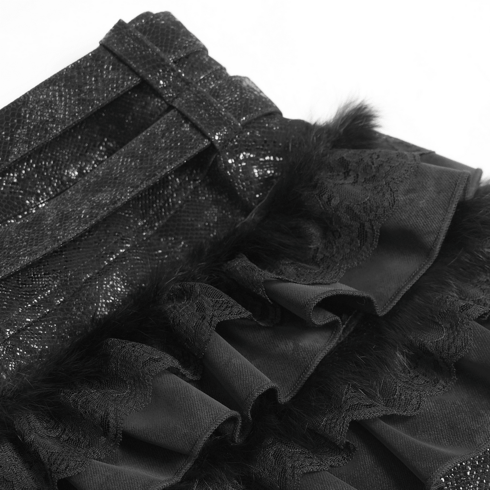 Black Gothic Ruffle Skort with Star Belt Detail showcasing tiered ruffles and faux fur accents.