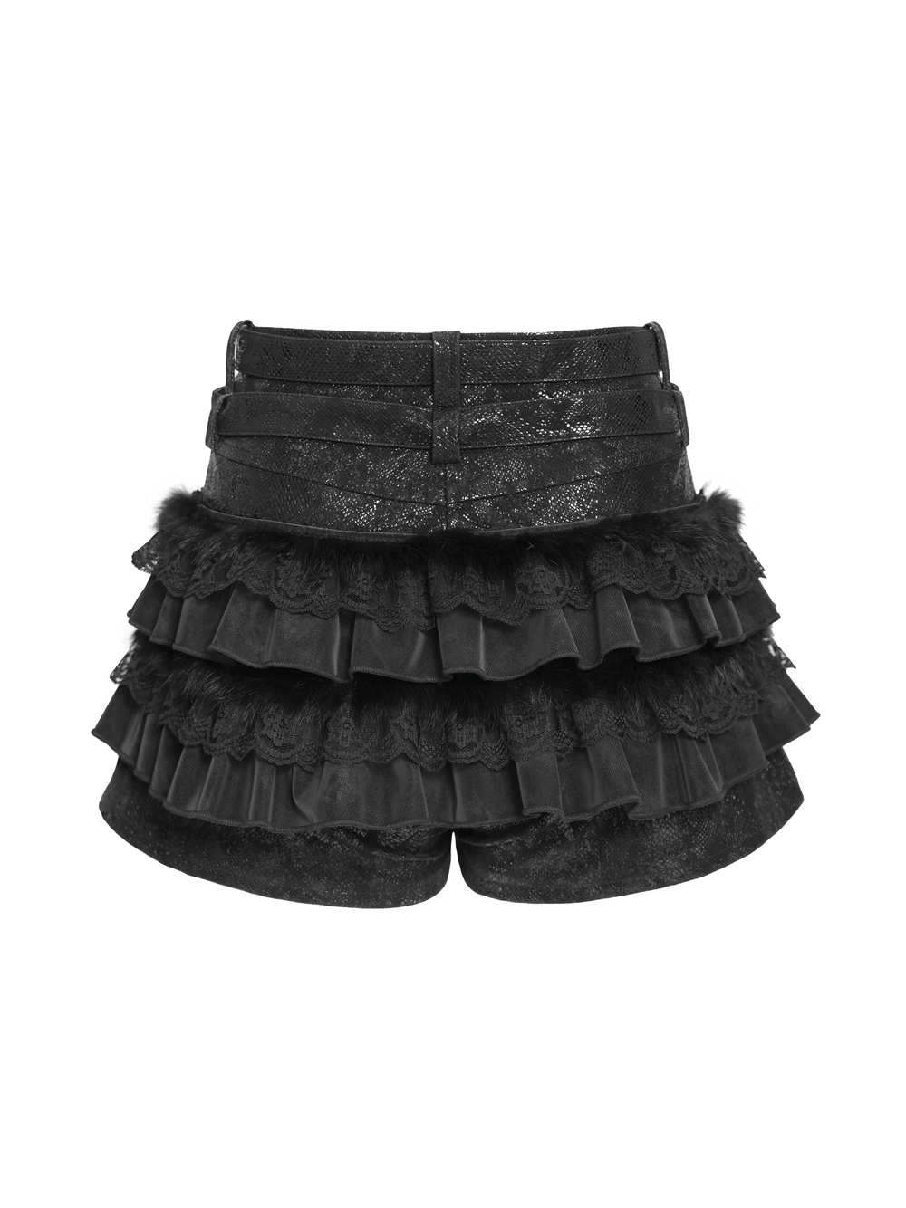 Black Gothic Ruffle Skort with Star Belt Detail showcasing layered ruffles and faux fur accents in a punk style.